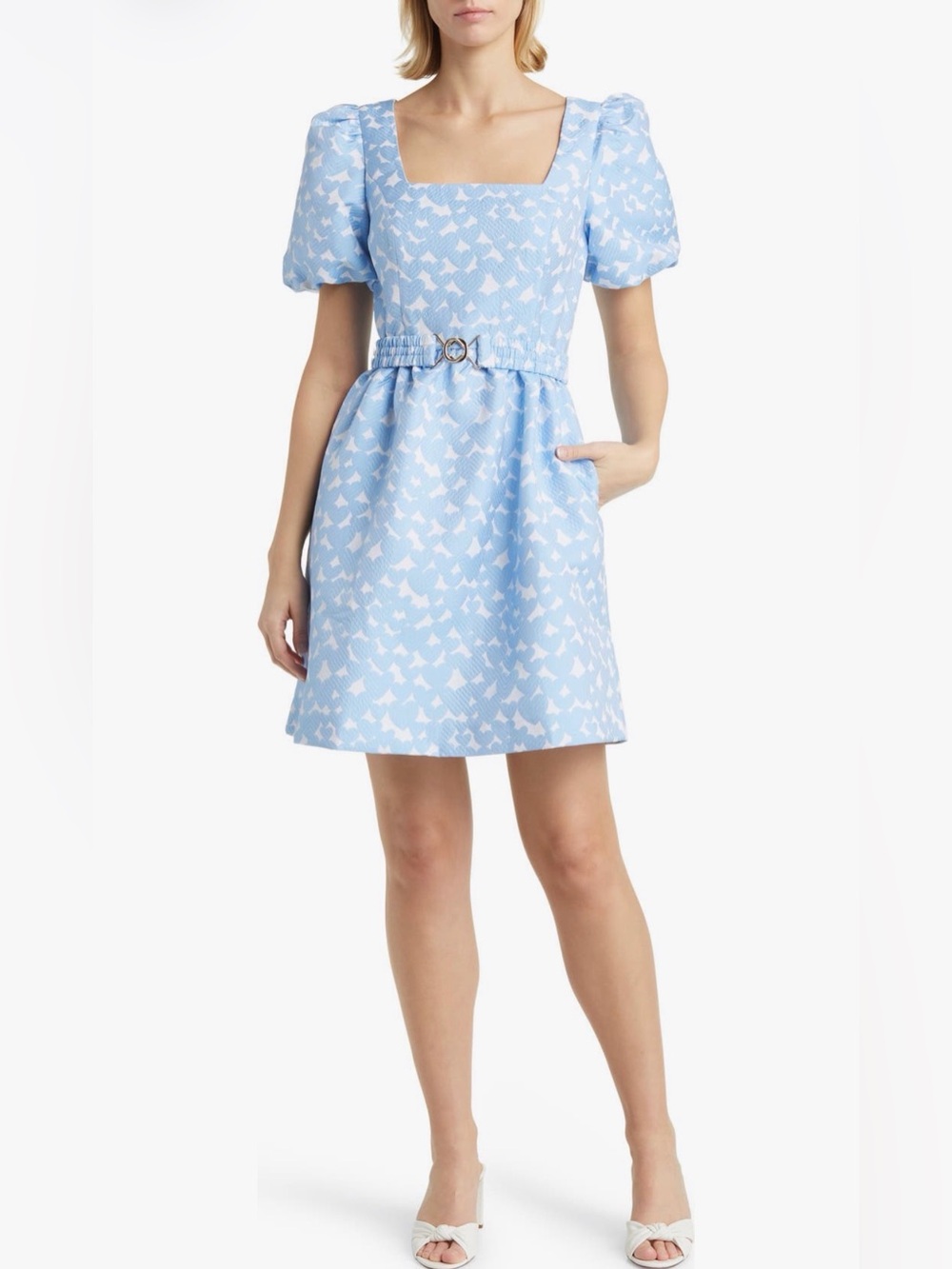 Lilly Pulitzer Light Blue White Kasslyn Belted Heart Jacquard Mini Dress 14